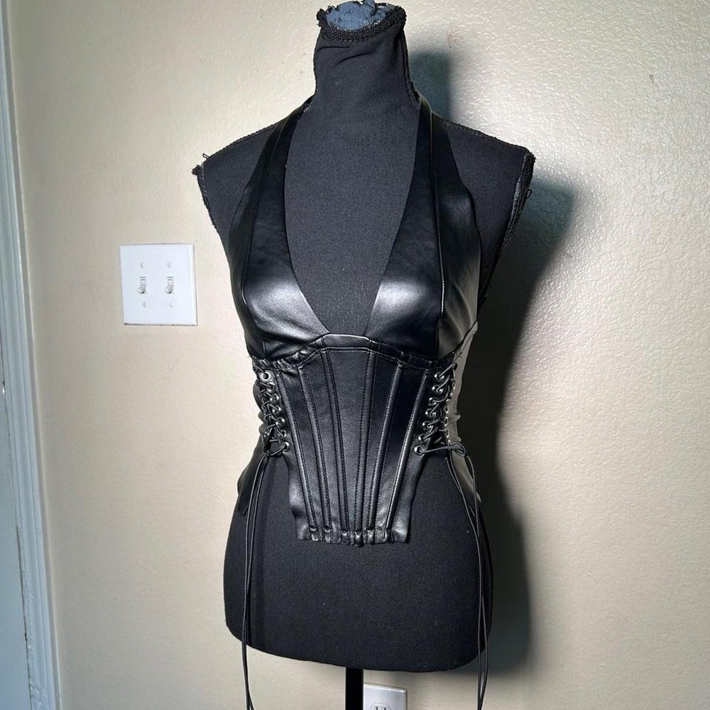 Fashion Nova Black Faux Leather Lace-Up Corset Halter Top Y2K Small